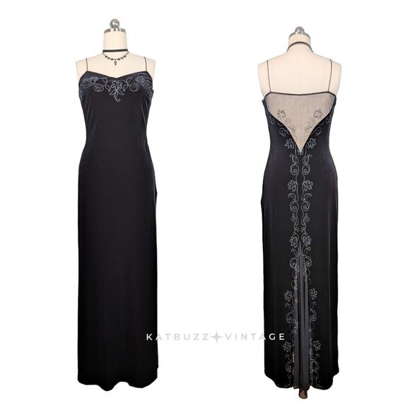 Vintage Dave Johnny Prom Dress Maxi Gown 8 Black Velvet Y2K 90S Goth Velvet Glam - Picture 1 of 10